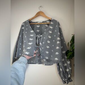 Lush Floral Embroidered Tie Front Blouse